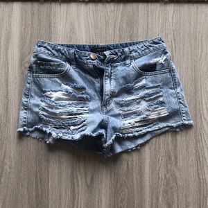 Distressed high rise jean shorts